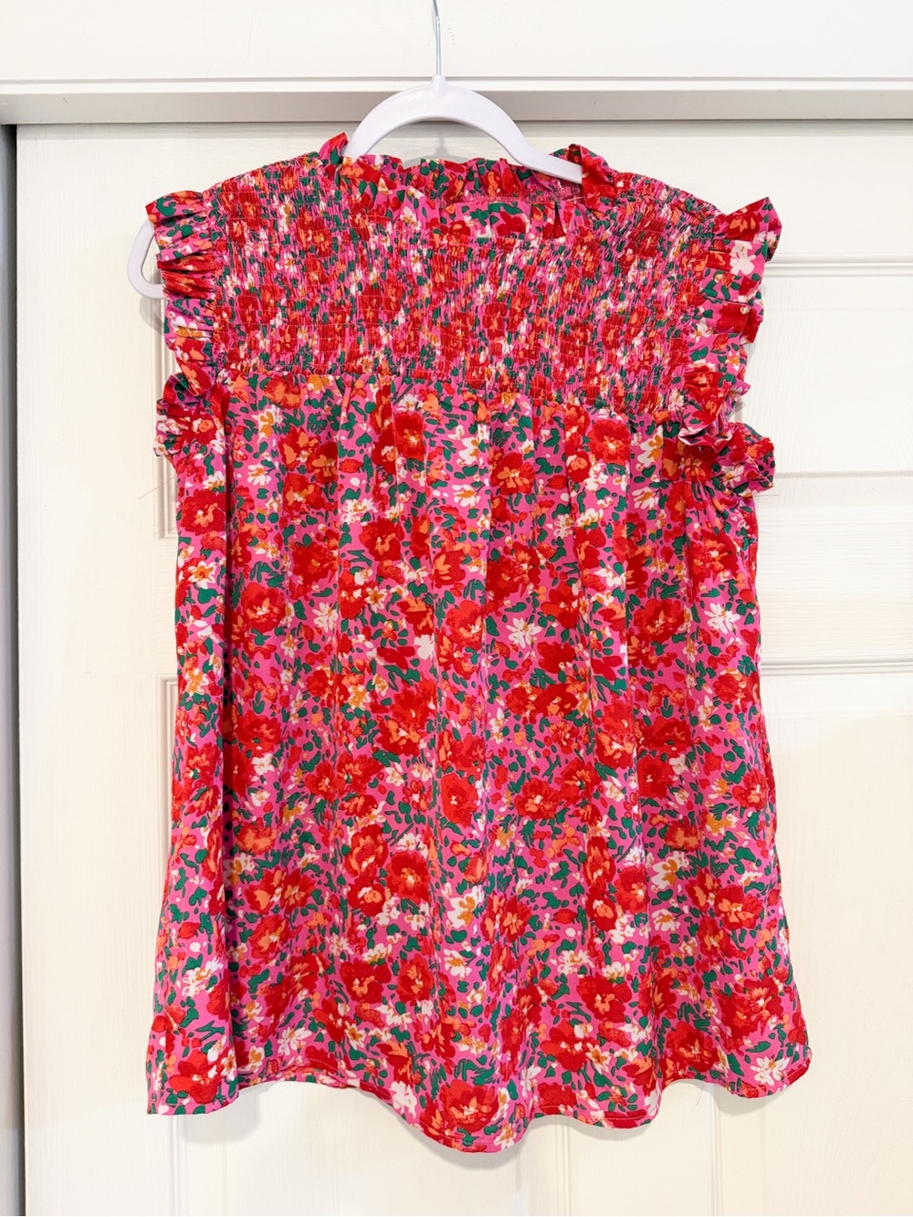 entro Floral Smocked Pink & Red Ruffle Sleeve Blouse